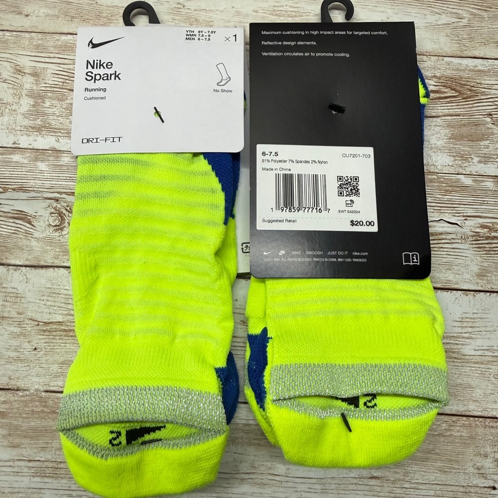 Nike Spark Running Socks Unisex M 6-7.5 Neon Yellow Cushioned No Show CU7201-703